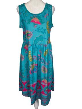 IZURIA Women Sleeveless Empire Waist Dress Sz L Turquoise Fuchsia Summer 66-7